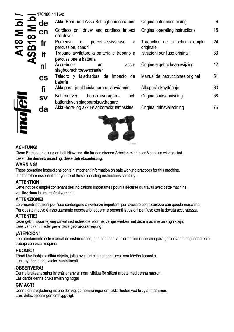 Page 1 de la notice Manuel utilisateur Mafell A 18 M bl