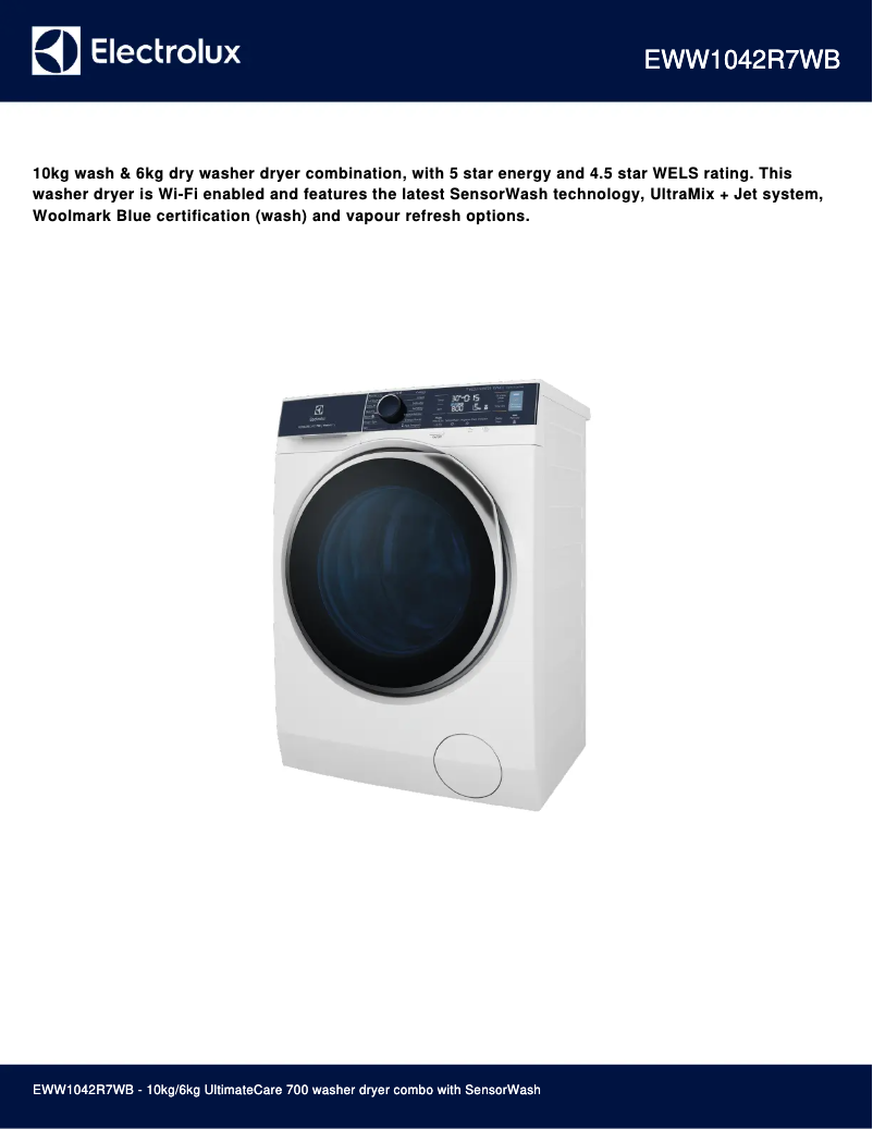 Page 1 de la notice Fiche technique Electrolux EWW1042R7WB