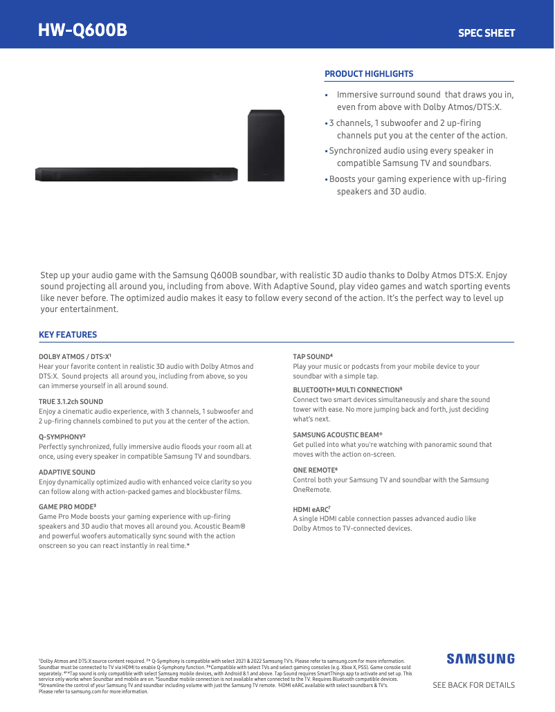 Page n°1 - Fiche technique Samsung HW-Q600B