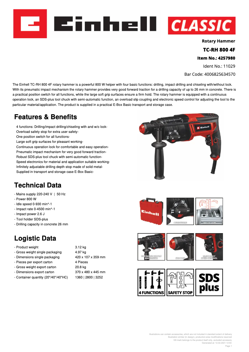 Page n°1 - Fiche technique Einhell TC-RH 800 4F
