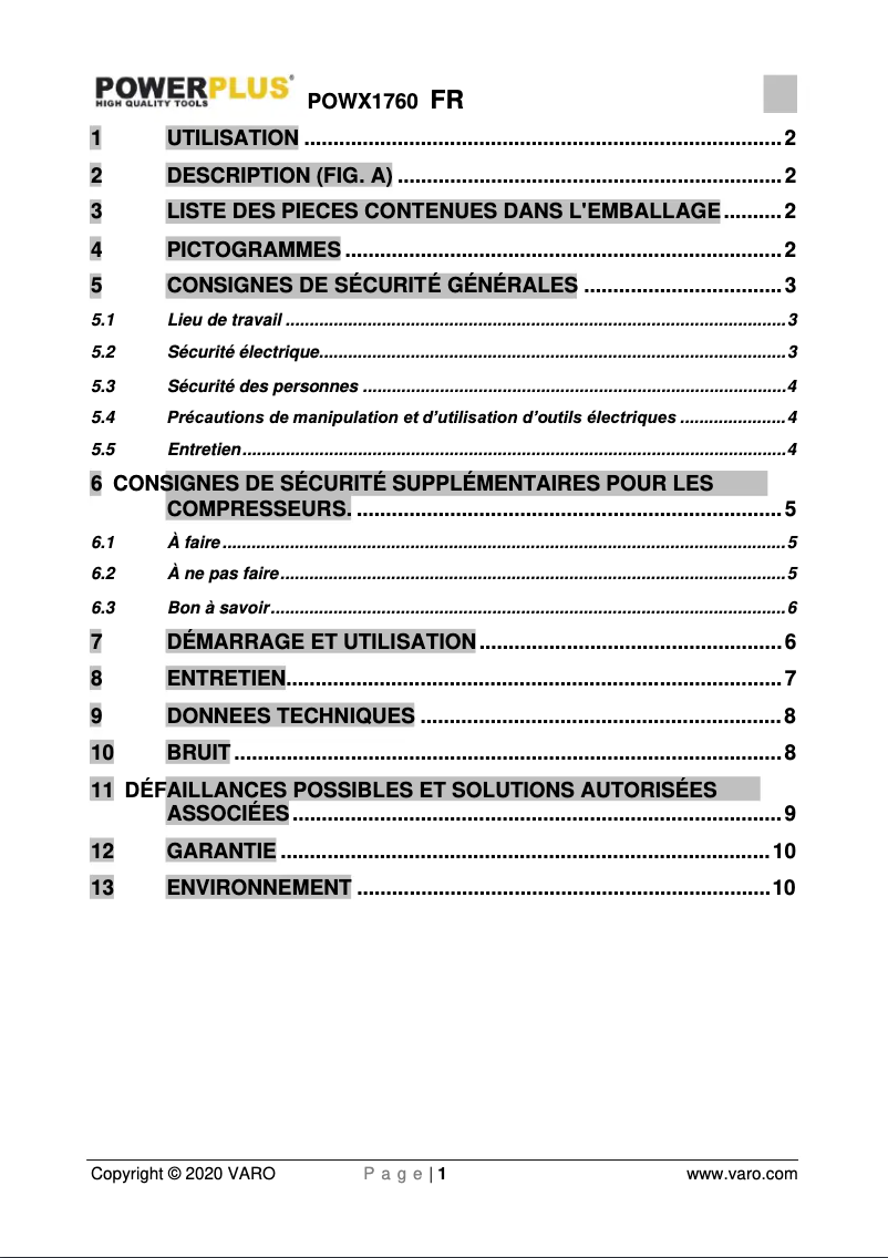 Page 1 de la notice Manuel utilisateur PowerPlus POWX1760