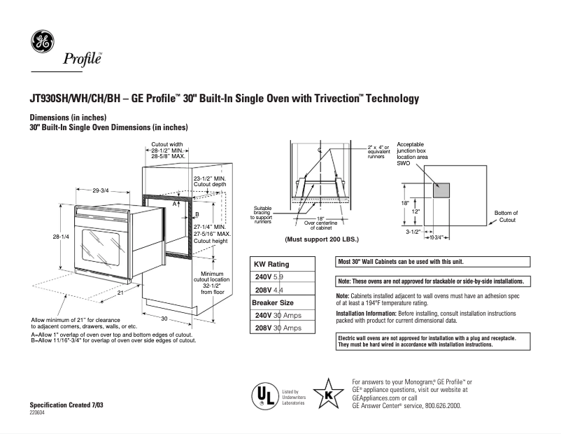 Page 1 de la notice Fiche technique GE JT930SHSS