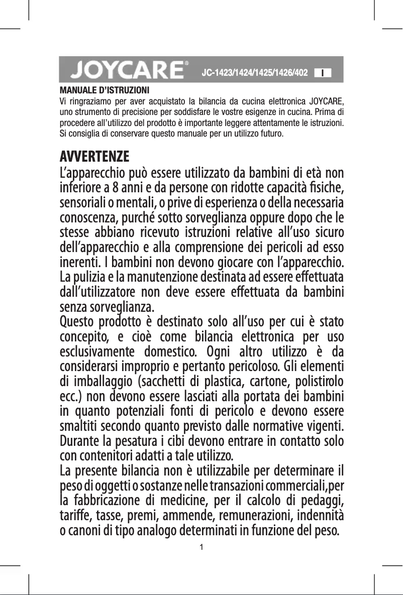 Page 1 de la notice Manuel utilisateur Joycare JC-1423