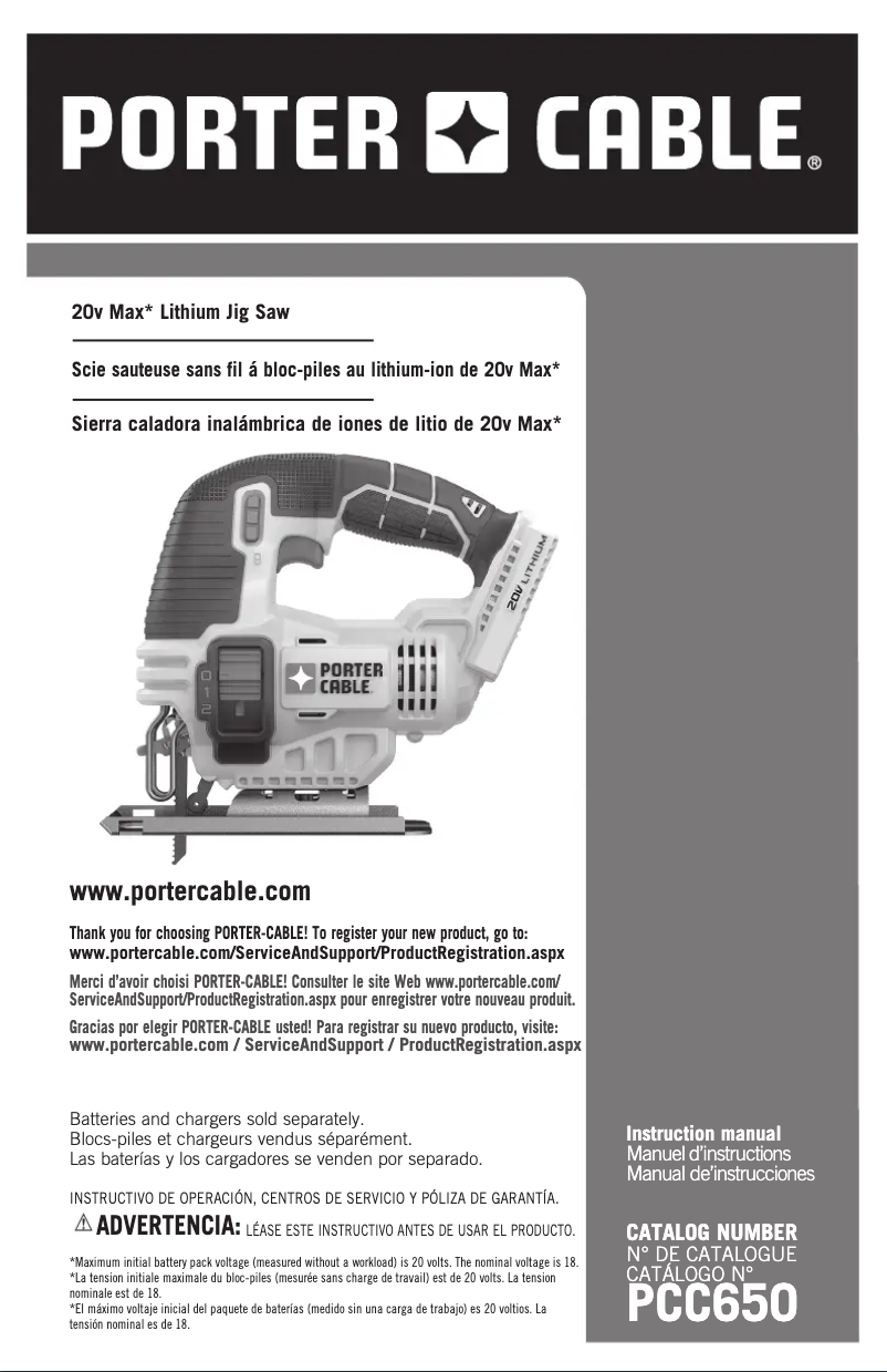 Page 1 de la notice Manuel utilisateur Porter-Cable PCC650