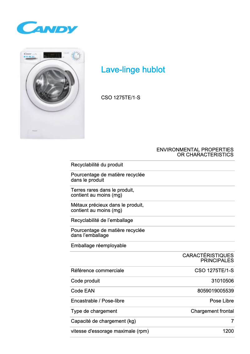 Page 1 de la notice Fiche technique Candy CSO 1275TE/1-S