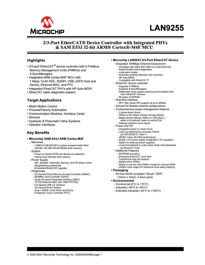 Page 1 de la notice Fiche technique Microchip EVB-LAN9255