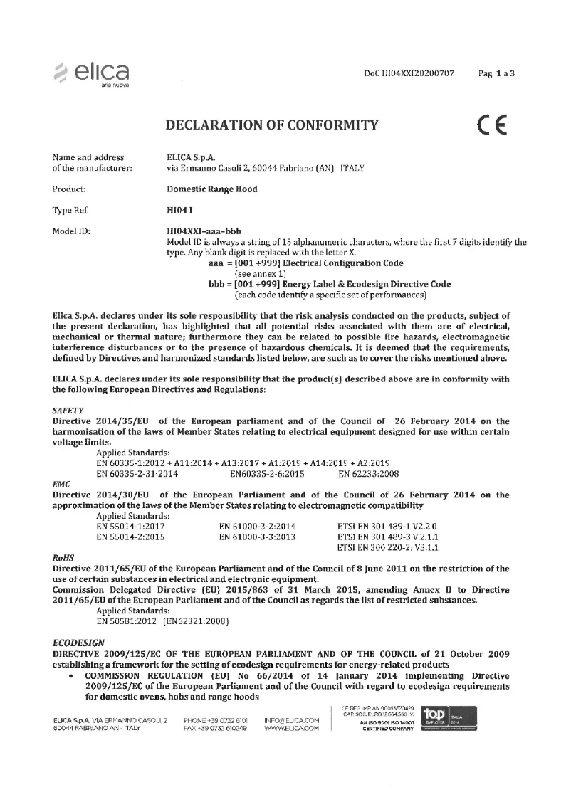 Page 1 de la notice Label énergétique Elica PRF0167054