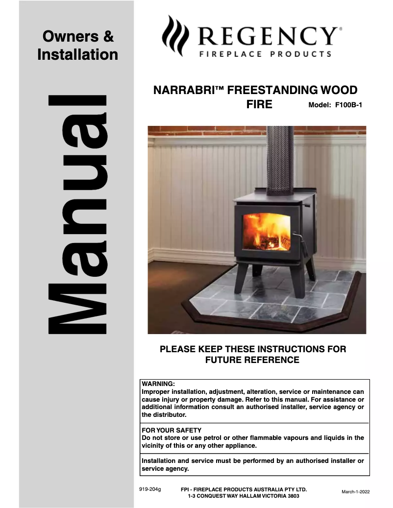 Página 1 del manual Manual de usuario Regency Narrabri F100B-1