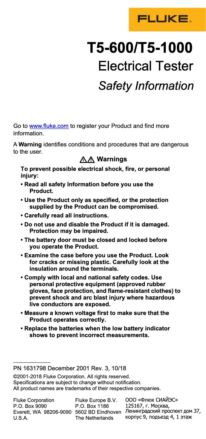 Page n°1 - Instructions de sécurité Fluke T5-1000