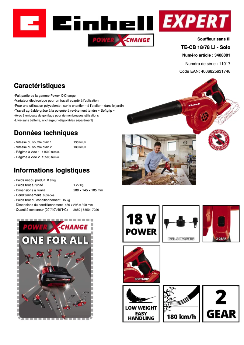 Page n°1 - Fiche technique Einhell TE-CB 18/180 Li