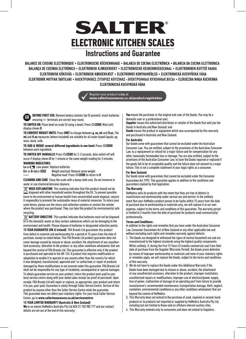 Page 1 de la notice Manuel utilisateur Salter 1180 BKDR