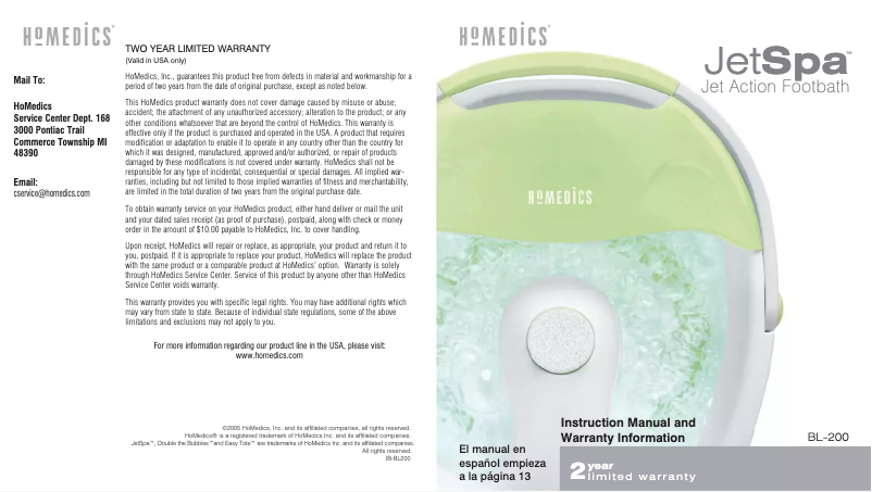 Page 1 de la notice Manuel utilisateur Homedics JetSpa BL-200