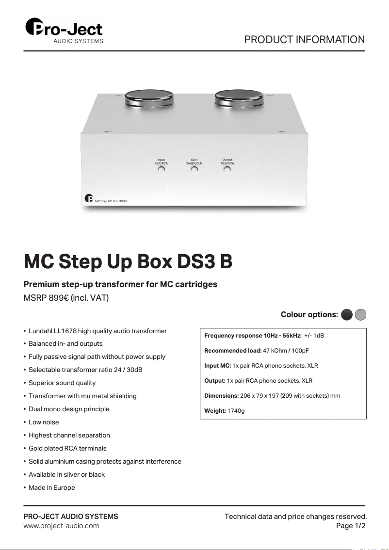 Page 1 de la notice Fiche technique Pro-Ject MC Step Up Box DS3 B