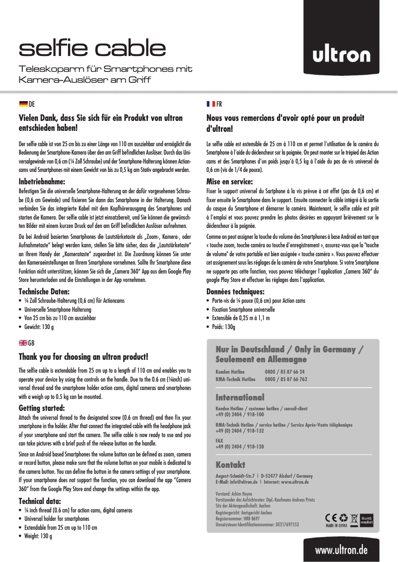 Page n°1 - Manuel utilisateur Ultron Selfie Cable