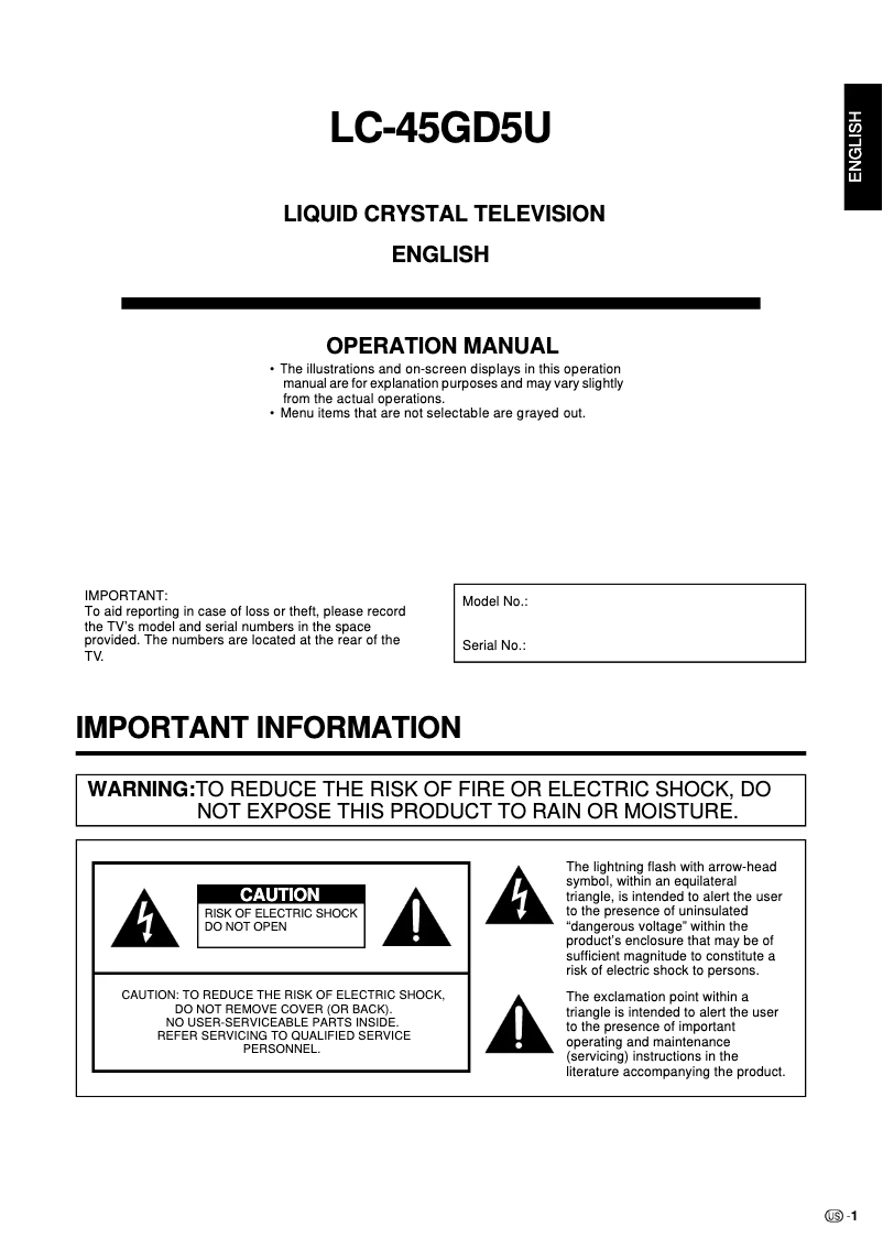 Page 1 de la notice Manuel utilisateur Sharp LC-45GD5U
