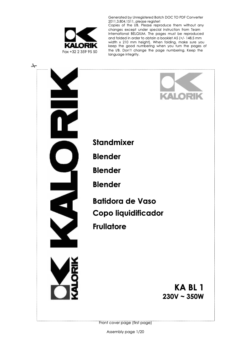 Page 1 de la notice Manuel utilisateur Kalorik KA BL 1