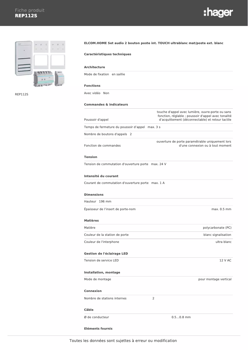 Page 1 de la notice Fiche technique Hager REP112S