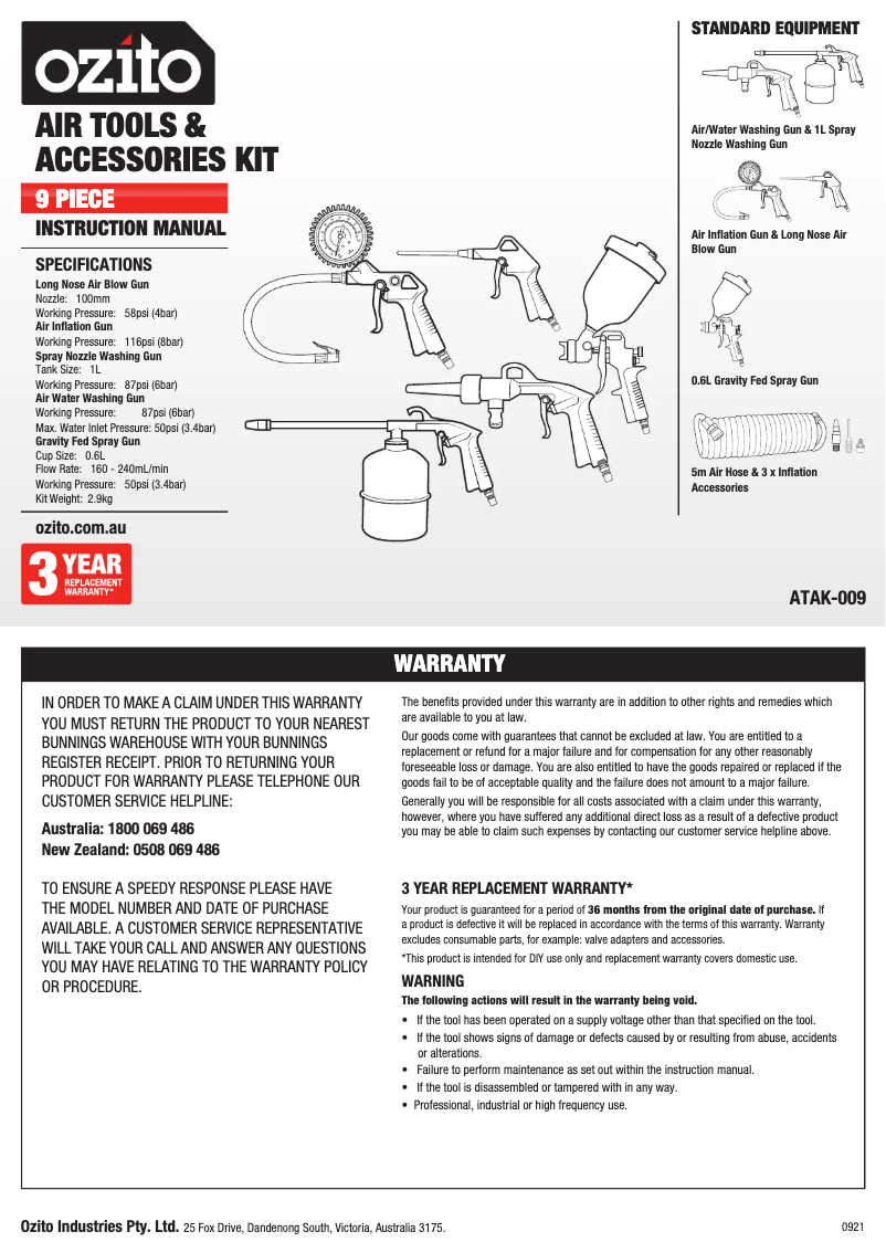 Page 1 de la notice Manuel utilisateur Ozito ATAK-009