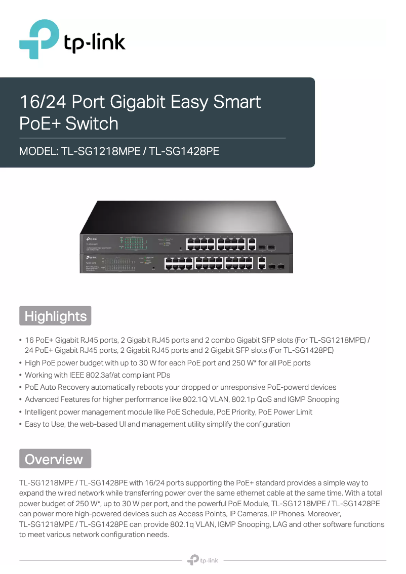 Image de la première page du manuel de l'appareil JetStream TL-SG1218MPE