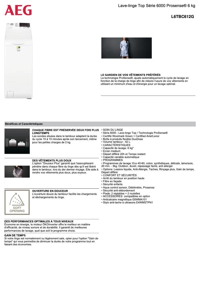 Page 1 de la notice Fiche technique AEG L6TBC612G