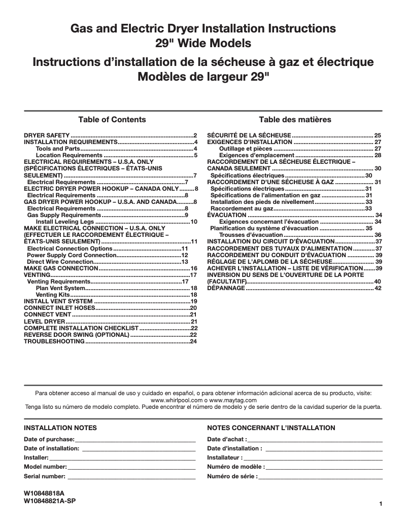 Page n°1 - Guide d'installation Maytag MEDB766FW