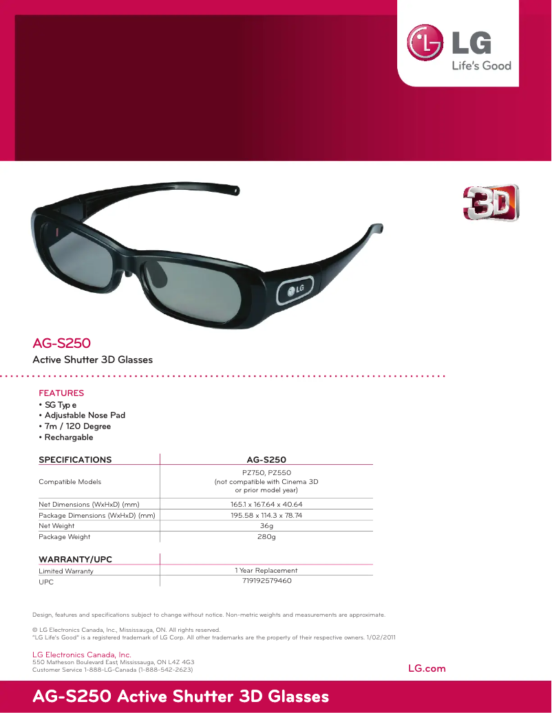 Page 1 de la notice Fiche technique LG AG-S250