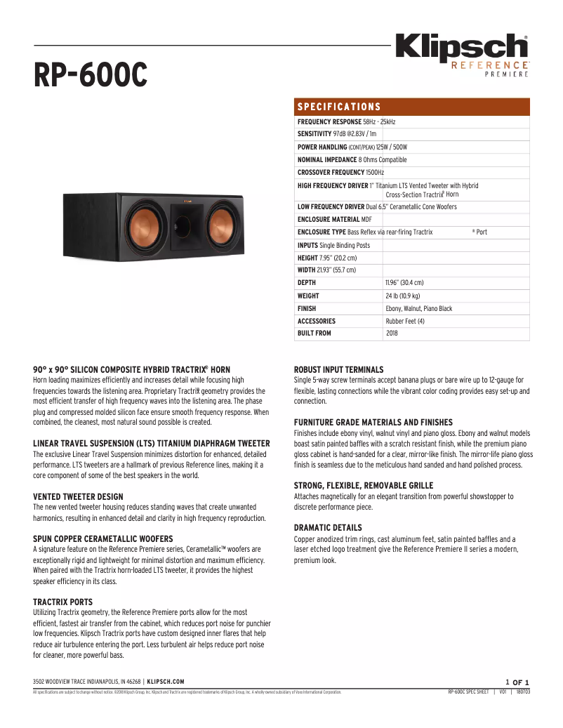 Page 1 de la notice Fiche technique Klipsch Reference Premiere RP-600C