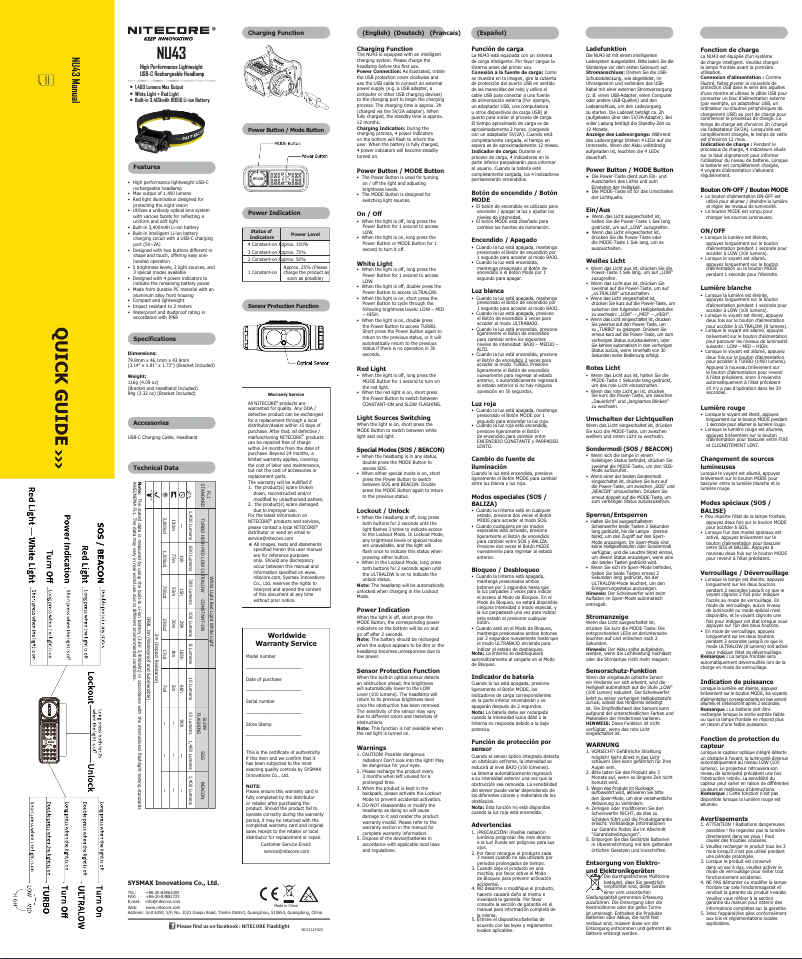 Page 1 de la notice Manuel utilisateur Nitecore NU43