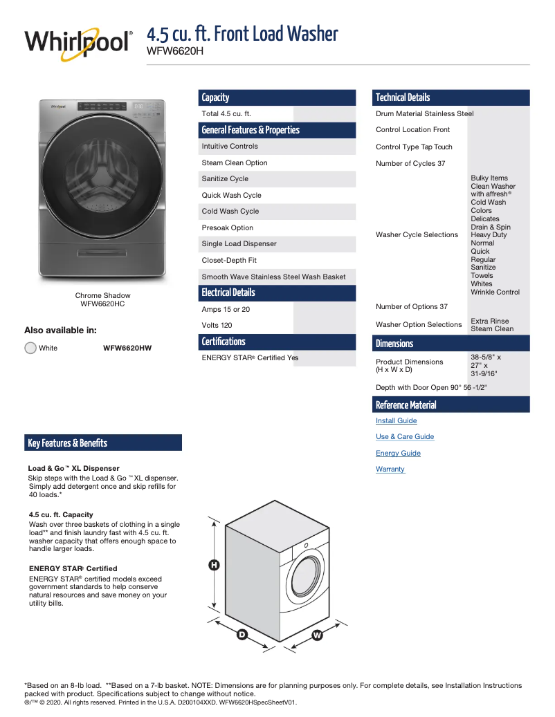 Página 1 del manual Ficha técnica Whirlpool WHLAUWED6620HW