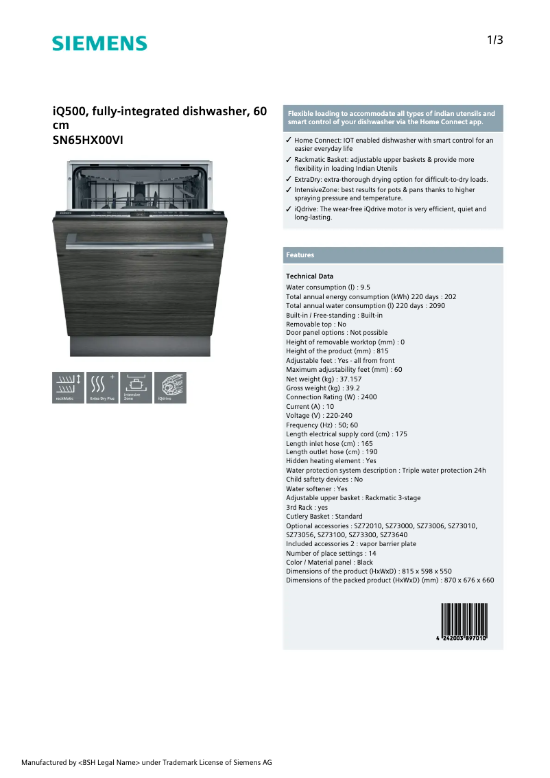 Page 1 de la notice Manuel utilisateur Siemens SN65HX00VI
