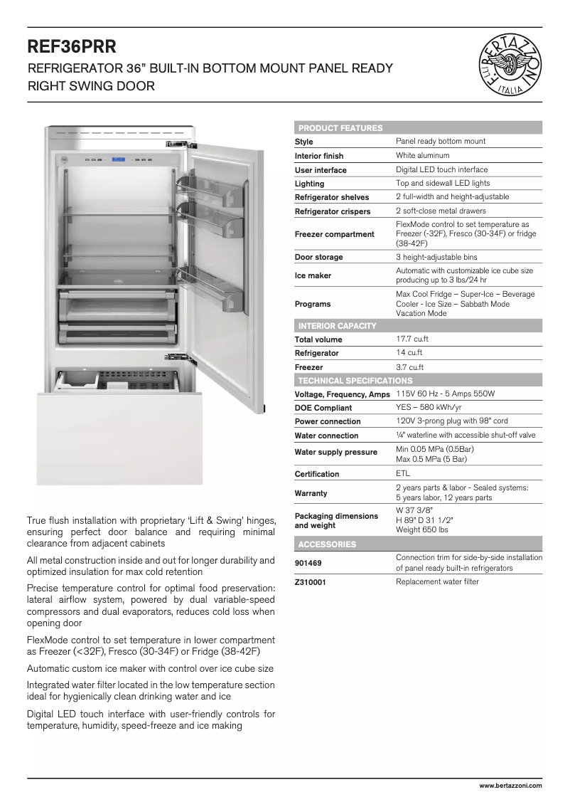 Page 1 de la notice Fiche technique Bertazzoni REF36PRR