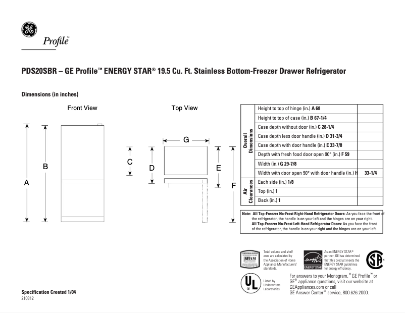 Page 1 de la notice Fiche technique GE PDS20SBRRSS