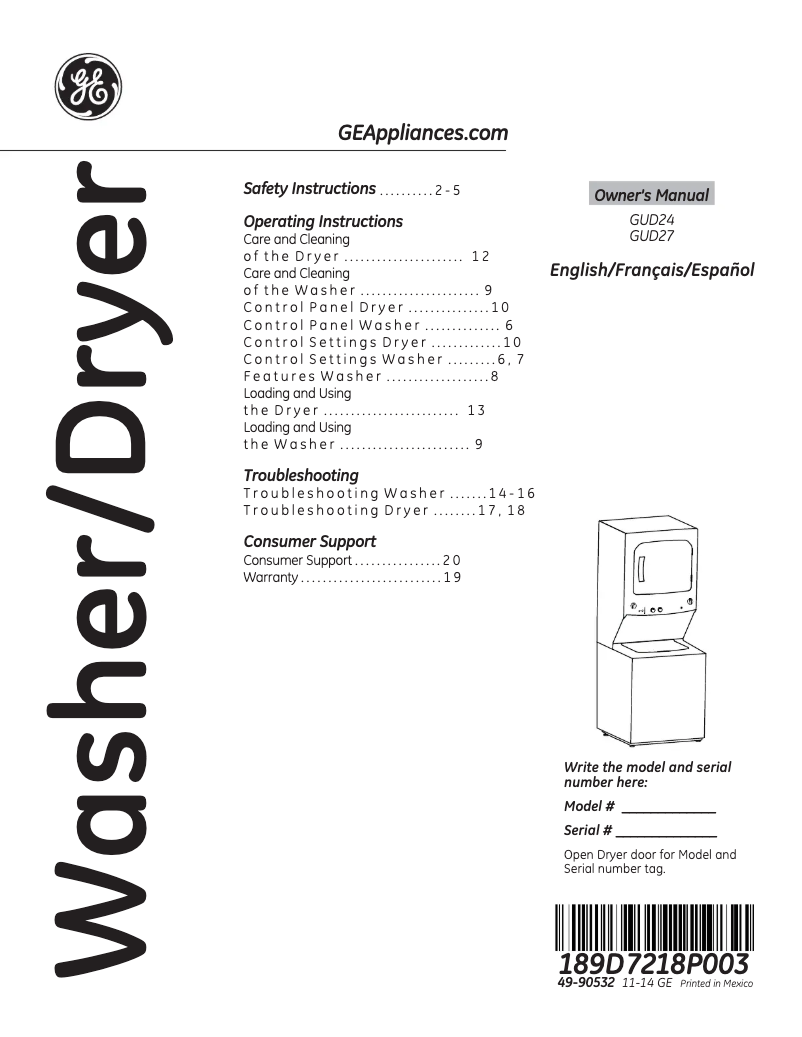 Image de la première page du manuel de l'appareil Spacemaker GUD27GSSJWW