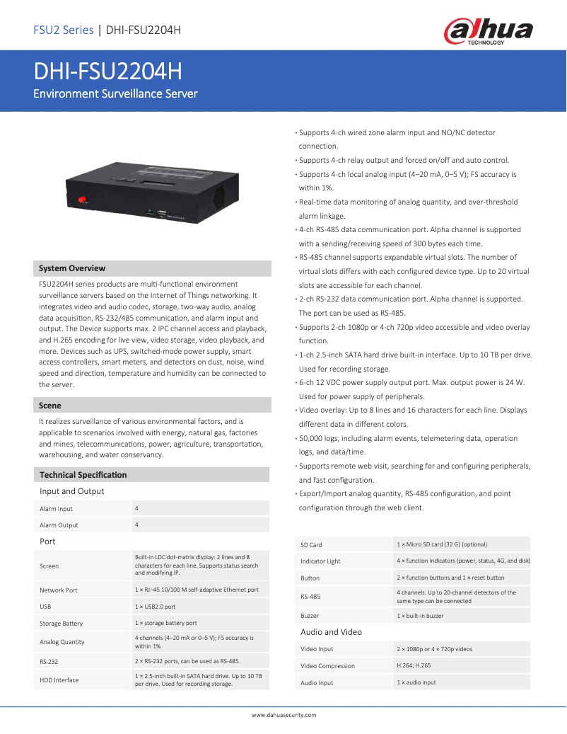 Page 1 de la notice Fiche technique Dahua Technology FSU2204H