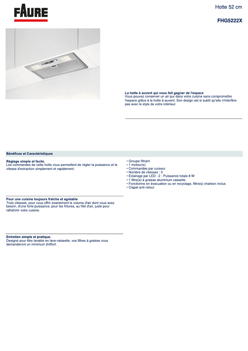 Página 1 del manual Ficha técnica Faure FHG5222X
