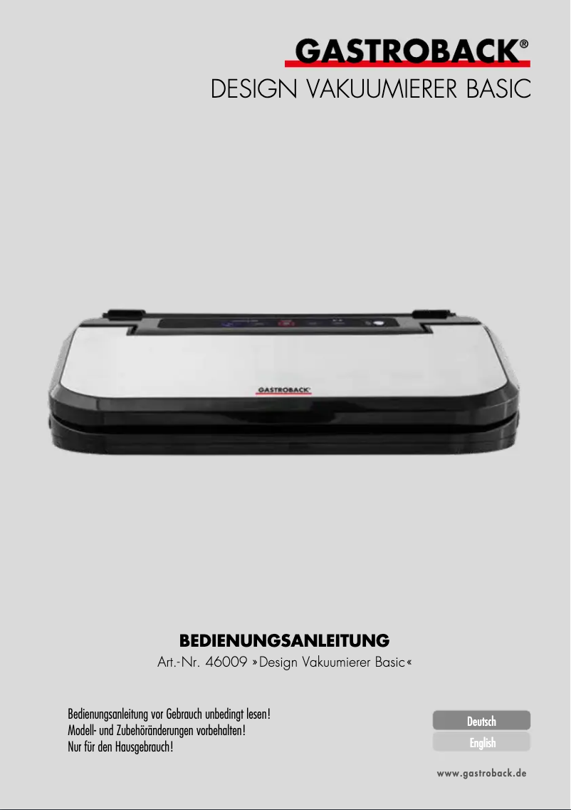 Page 1 de la notice Manuel utilisateur Gastroback Design Basic 46009