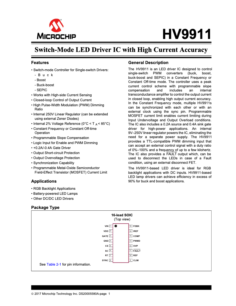 Page 1 de la notice Manuel utilisateur Microchip HV9911
