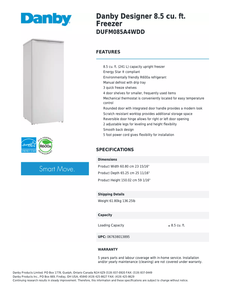 Page 1 de la notice Fiche technique Danby DUFM085A4WDD