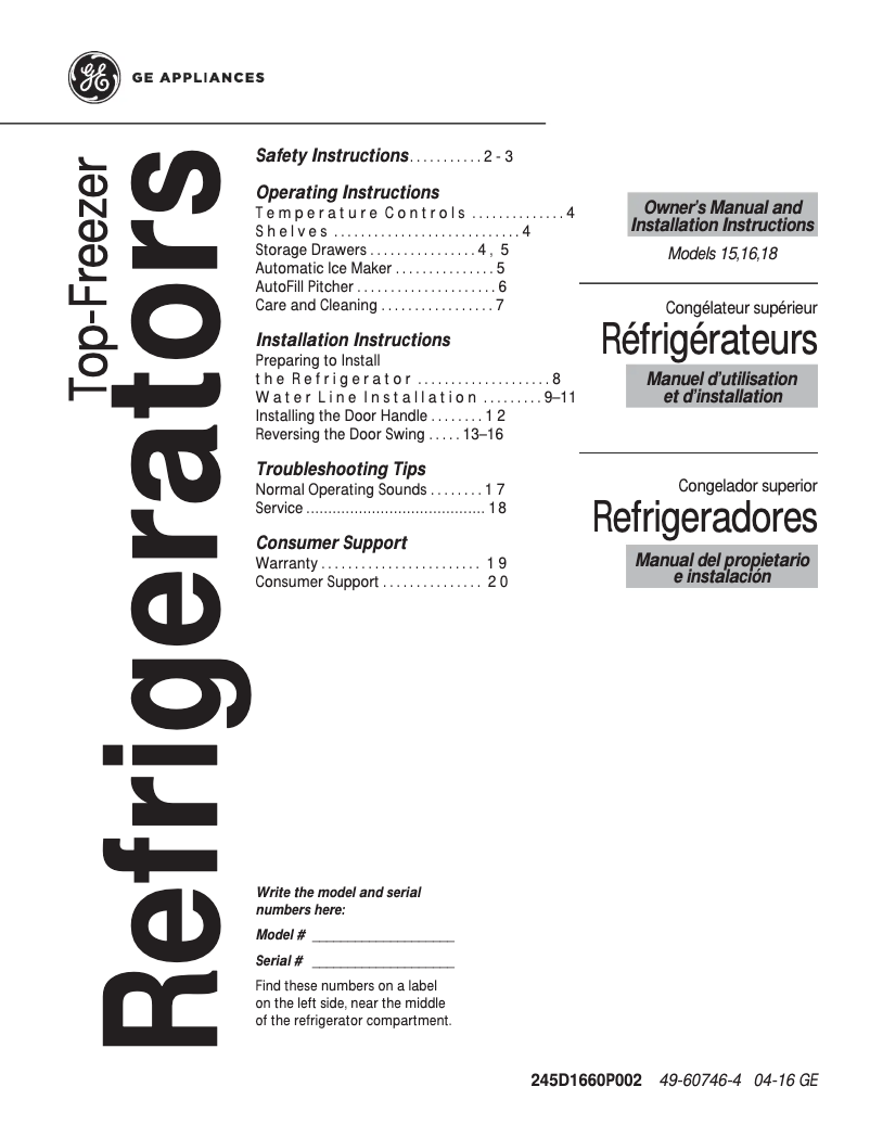 Page n°1 - Guide d'installation GE GTS15CTHRWW