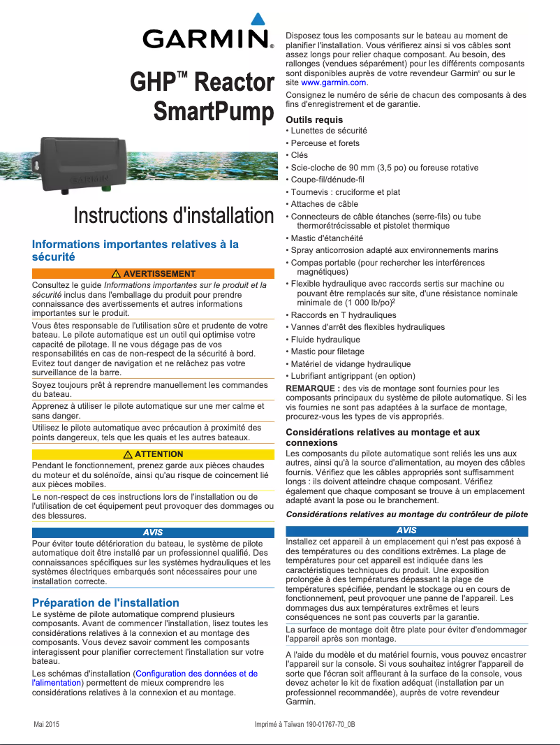 Page 1 de la notice Guide d'installation Garmin GHP Reactor SmartPump