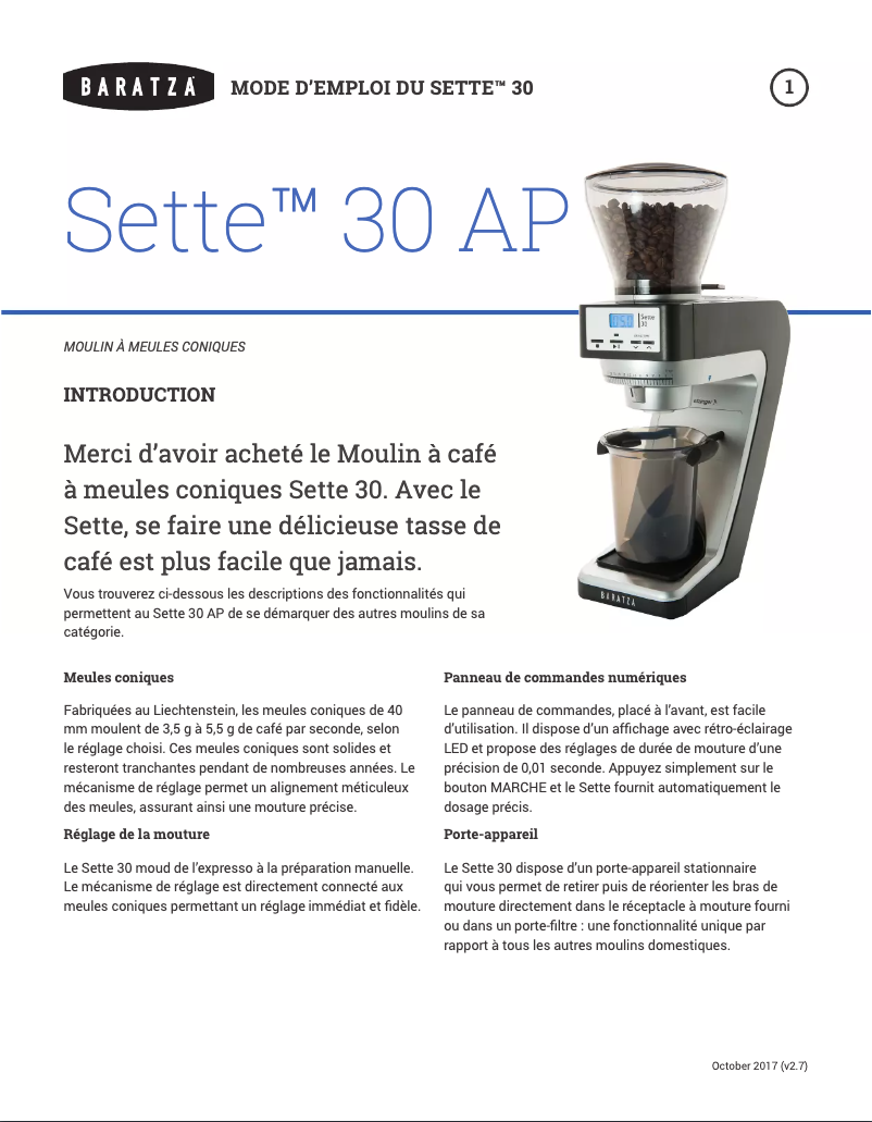 Page n°1 - Manuel utilisateur Baratza Sette 30