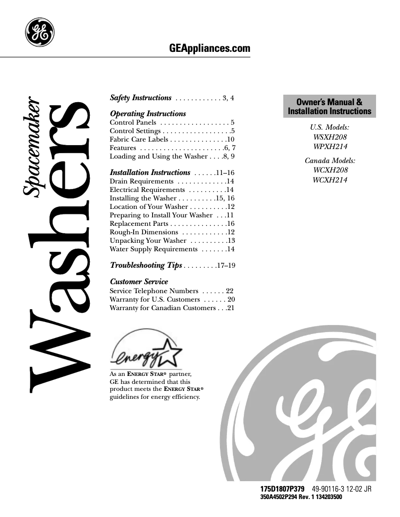 Page n°1 - Manuel d'utilisation et d'entretien GE Profile WPXH214AWW