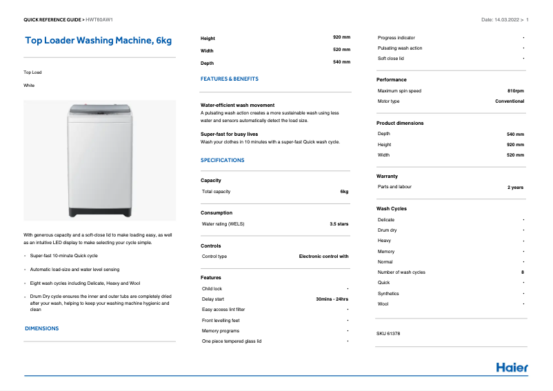 Page 1 de la notice Guide d'installation Haier HWT60AW1