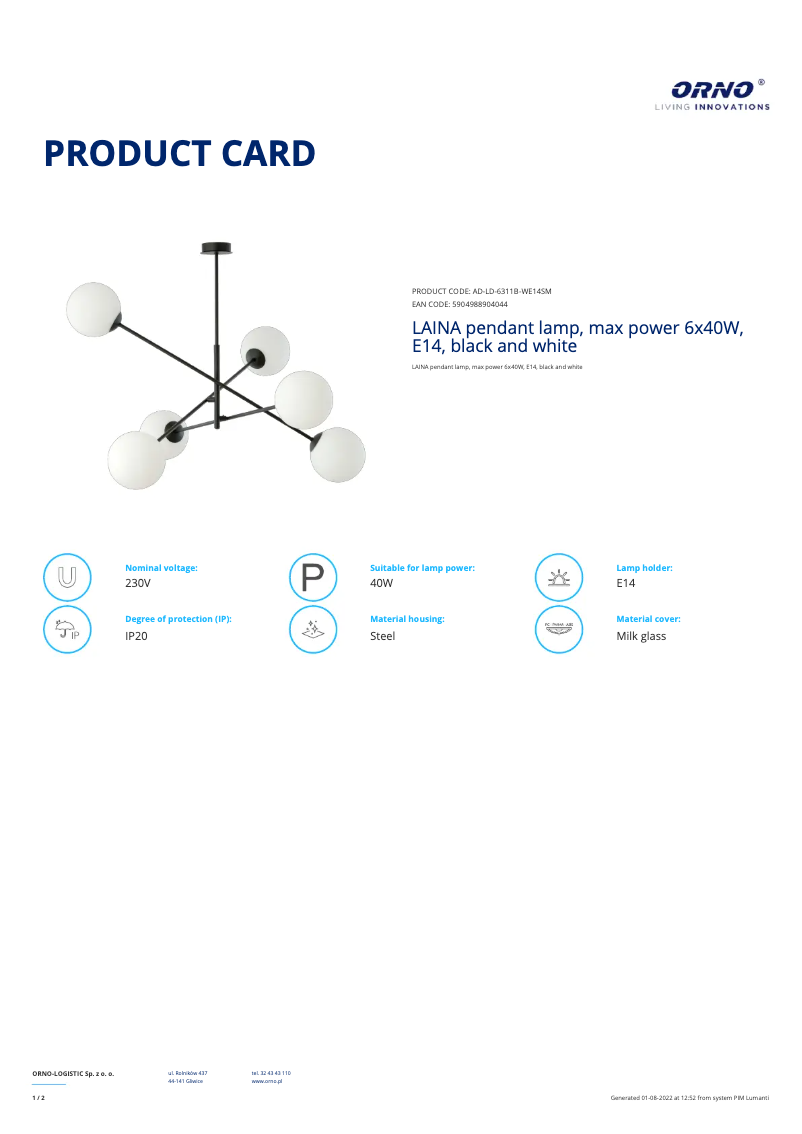 Page 1 de la notice Fiche technique Adviti AD-LD-6311B-WE14SM