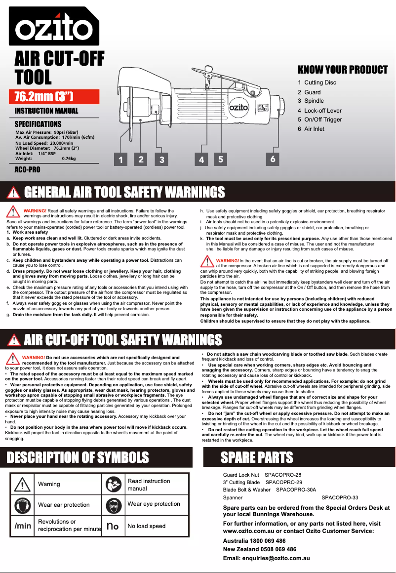 Page 1 de la notice Manuel utilisateur Ozito ACO-PRO