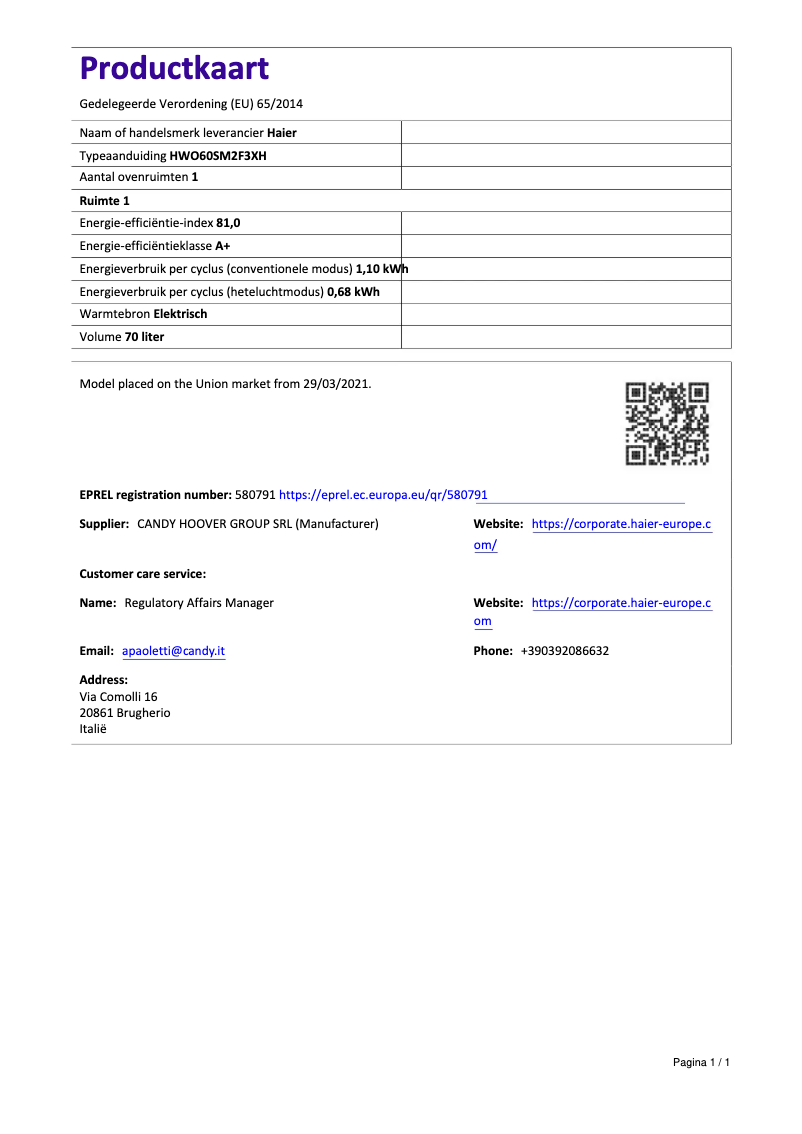 Página 1 del manual Ficha técnica Haier I-Turn Series 2 HWO60SM2F3XH