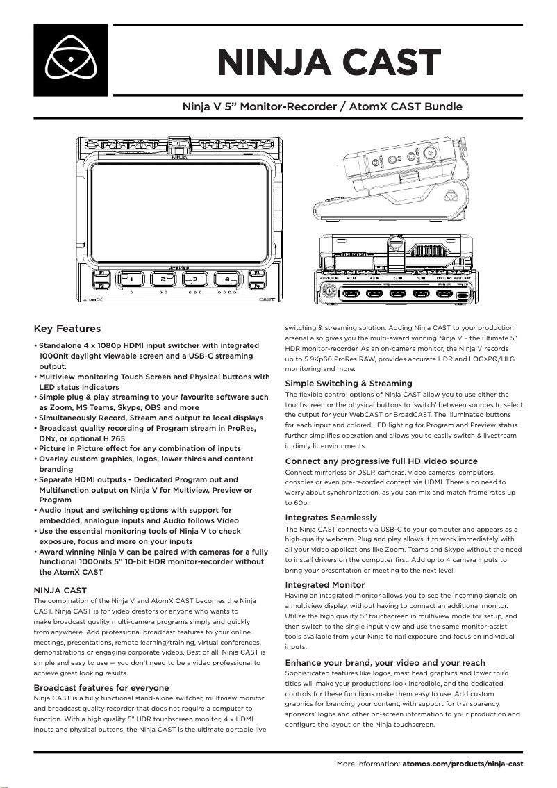 Page 1 de la notice Fiche technique Atomos Ninja CAST