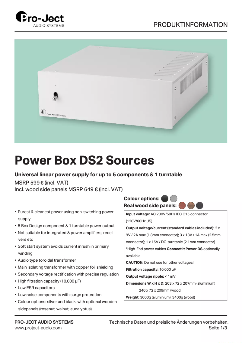 Page 1 de la notice Manuel utilisateur Pro-Ject Power Box DS2 Sources