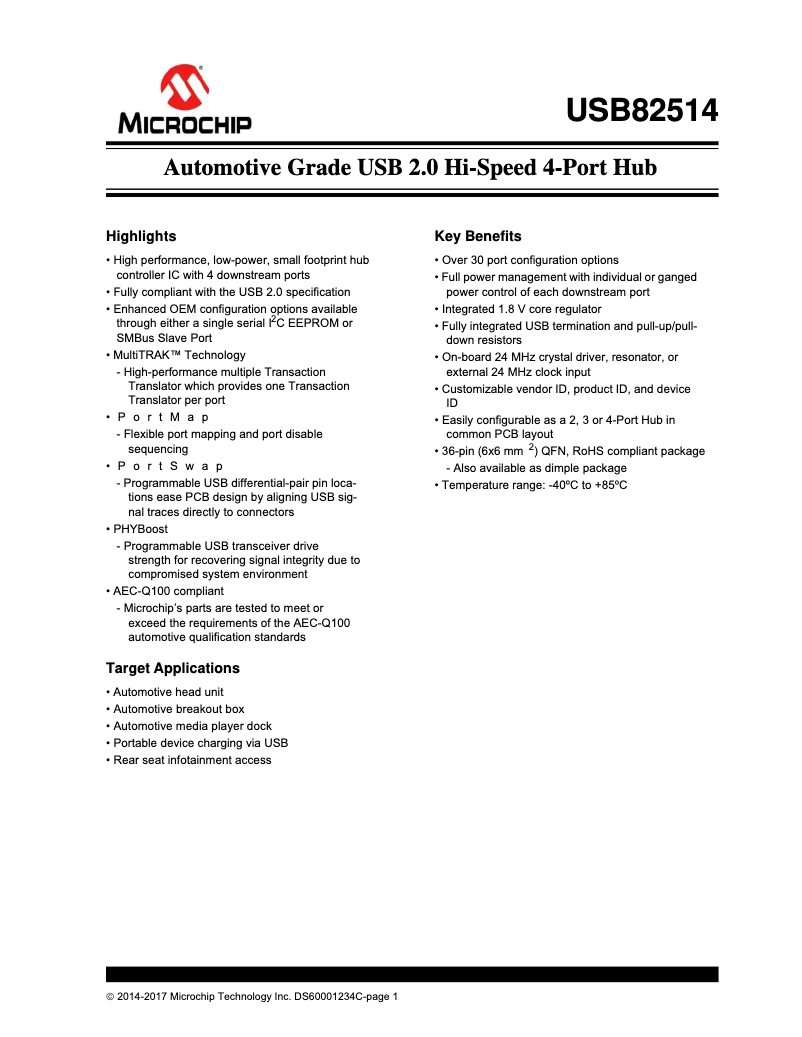 Page 1 de la notice Fiche technique Microchip USB82514