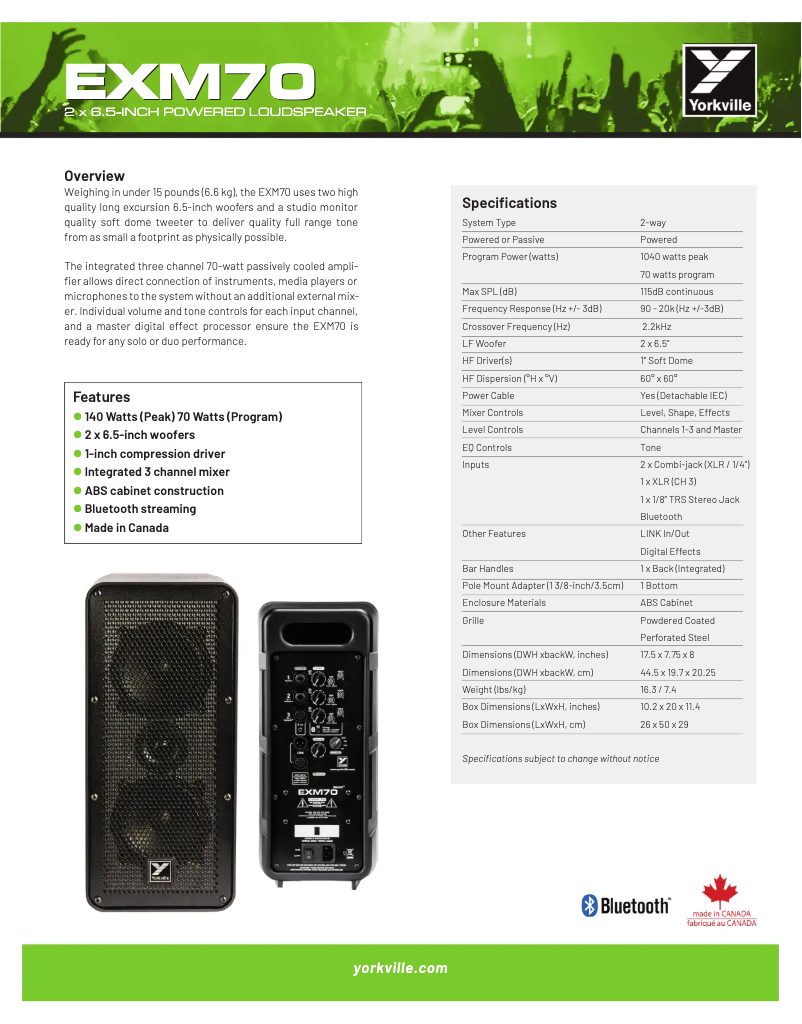 Page n°1 - Fiche technique Yorkville Excursion Mini EXM70